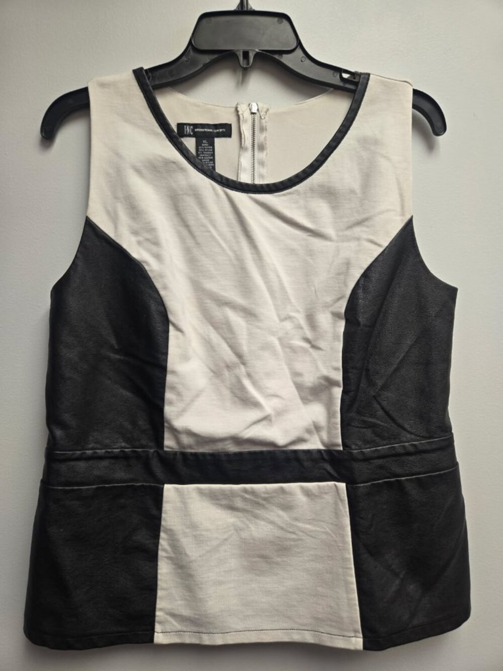 INC International Concepts Black White Faux Leather Peplum Top Sleeveless EUC XL